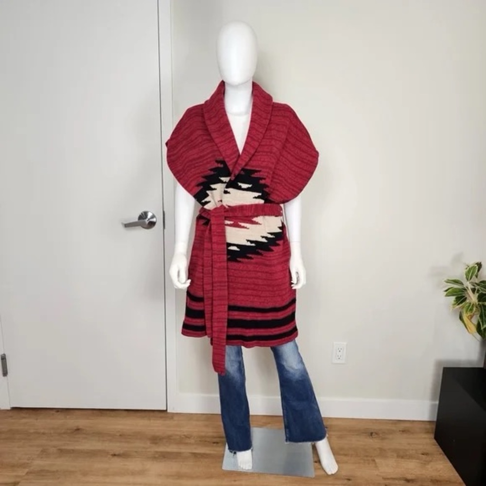 LRL Ralph Lauren Deep Red Native Tribal Aztec Sleeveless Knit Wrap Cardigan, S - Picture 13 of 16
